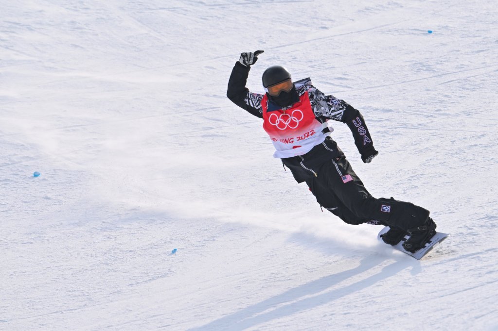 USA's Shaun White reacts after his run in the Snowboard Men's Halfpipe qualification run during the Beijing 2022 Winter Olympic Games at the Genting Snow Park H & S Stadium in Zhangjiakou on February 9, 2022.