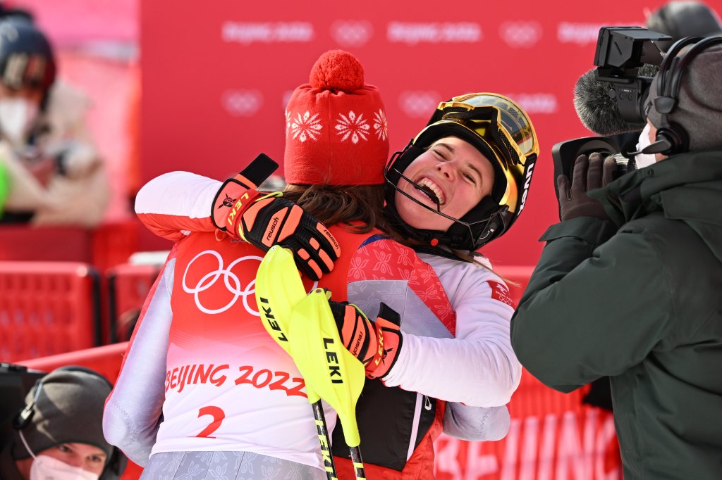 Petra Vlhova of Team Slovakia wins the gold medal, Katharina Liensberger of team Austria wins the silver medal during the Women's Slalom at the 2022 Winter Olympics on Feb. 9, 2022 ,in Yanqing, China.