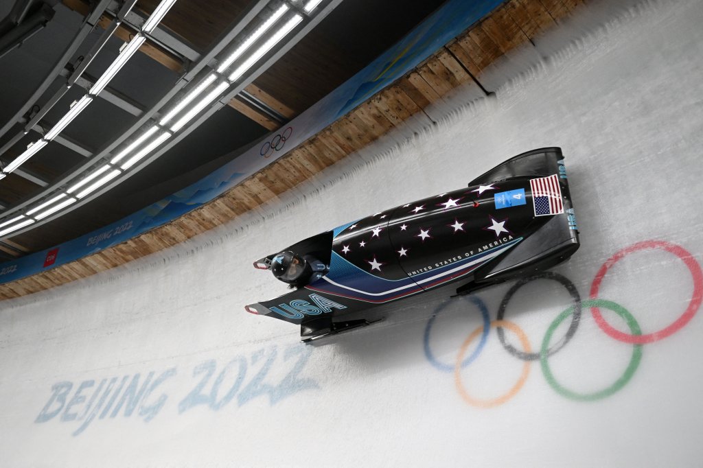 Elana Meyers Taylor of the United States competes in the Women's Monobob Bobsleigh event at the Yanqing National Sliding Centre during the 2022 Winter Olympics in Yanqing, China on Feb. 13, 2022.