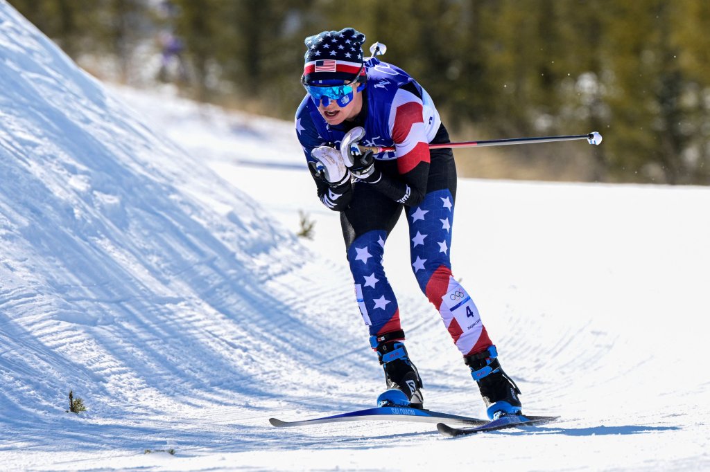 USA's Jessie Diggins competes in the Women's 30km Mass Start Free Cross-Country event during the 2022 Winter Olympic Games at the Zhangjiakou National Cross-Country Skiing Centre in Zhangjiakou, China on Feb. 20, 2022.