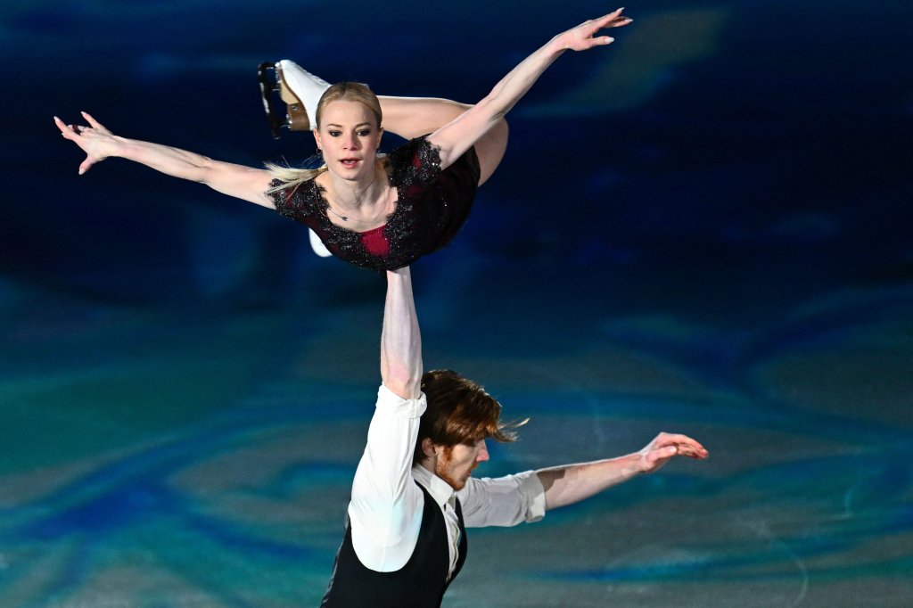 Russia's Evgenia Tarasova and Russia's Vladimir Morozov take part in the Figure Skating Gala Exhibition on day 16 of the 2022 Winter Olympics at Capital Indoor Stadium on Feb. 20, 2022, in Beijing, China.