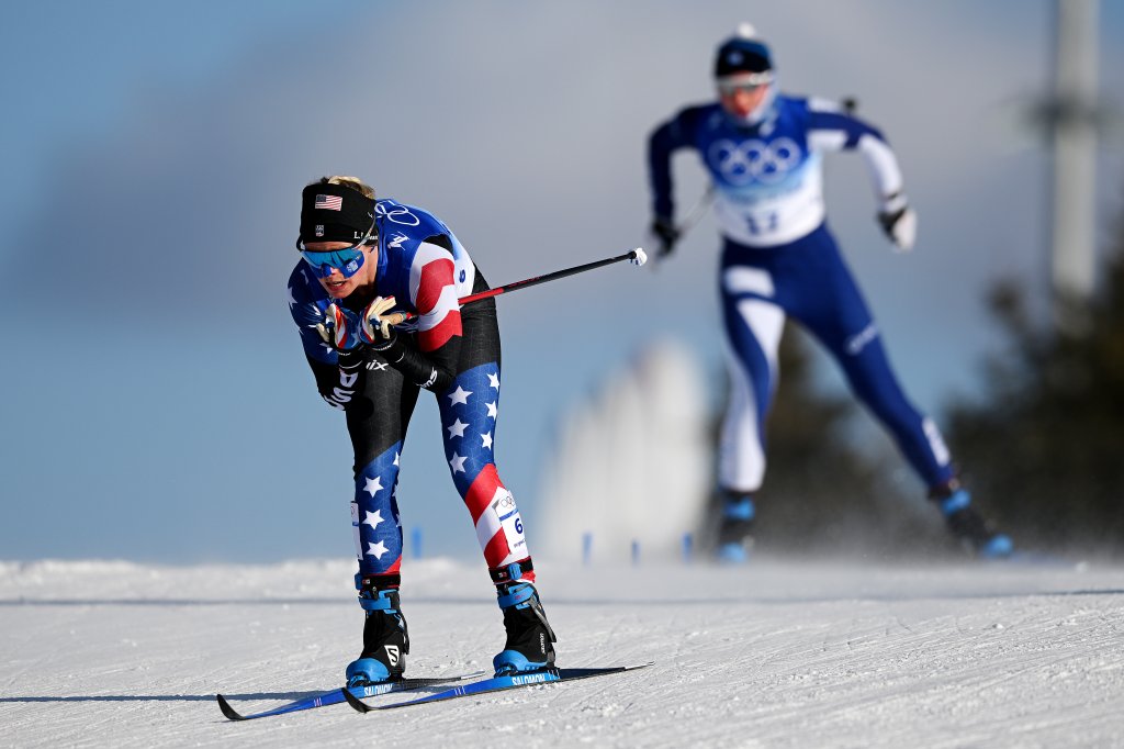 Jessie Diggins of Team USA competes during the Women's Cross Country Skiathlon at the National Cross-Country Skiing Centre, Feb. 5, 2022 in Zhangjiakou, China. 