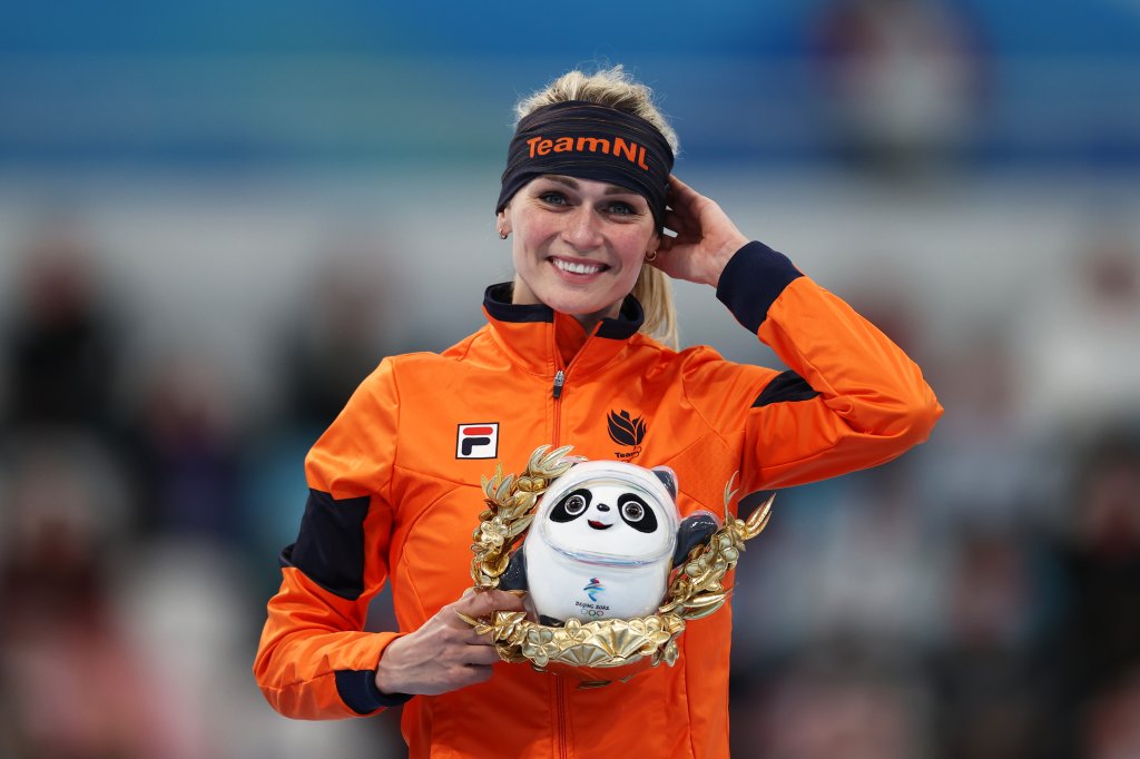 Irene Schouten of Team Netherlands poses during the Women's 3000m flower ceremony at National Speed Skating Oval, Feb. 5, 2022 in Beijing, China. Schouten won the first gold at Beijing, coming in first in the Women's 3000m speed skating event.