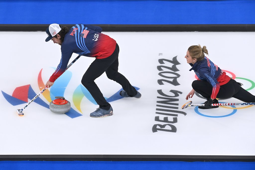 Christopher Plys and Victoria Persinger of Team USA compete against Team Czech Republic during the Curling Mixed Doubles Round Robin on day two of the 2022 Winter Olympics at National Aquatics Centre on Feb. 6, 2022, in Beijing, China. Team USA lost 10-8.