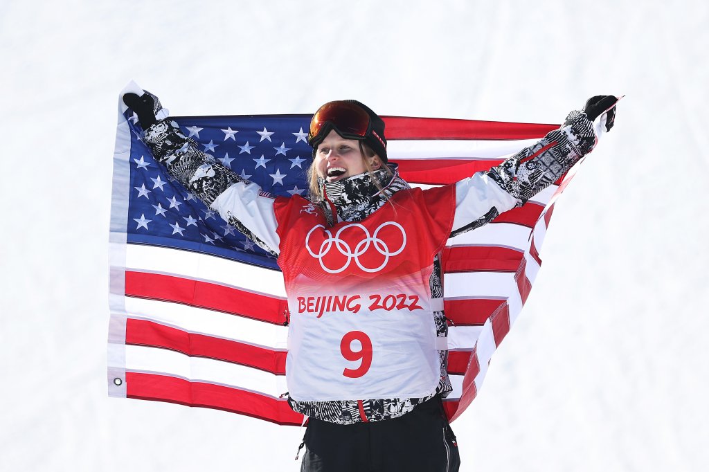 Silver medallist Julia Marino of Team USA celebrates during the Women's Snowboard Slopestyle Final flower ceremony on day two of the 2022 Winter Olympics at Genting Snow Park on Feb. 6, 2022, in Zhangjiakou, China.