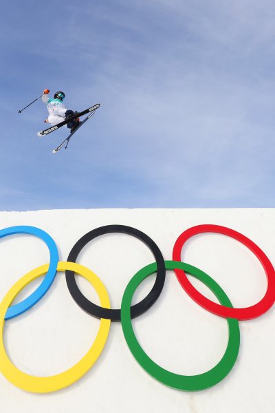 Darian Stevens of Team United States performs a trick during the Women's Freestyle Skiing Freeski Big Air Qualification on Day 3 of the 2022 Winter Olympics at Big Air Shougang on Feb. 7, 2022, in Beijing, China.