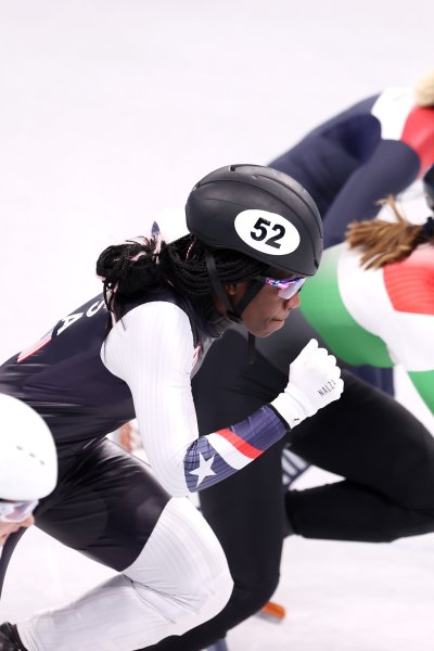 Selma Poutsma of Team Netherlands, Maame Biney of Team United States, Petra Jaszapati of Team Hungary and Xandra Velzeboer of Team Netherlands compete during the Women's 500m Quarterfinals