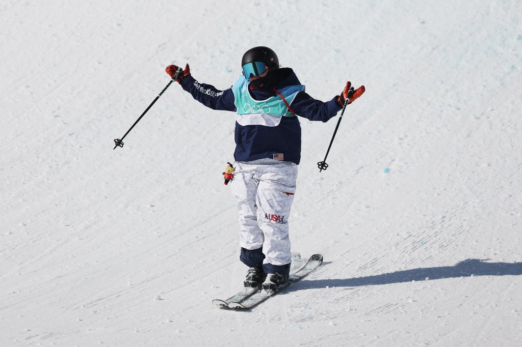 Darian Stevens of Team United States reacts after crashing during the Women's Freestyle Skiing Freeski Big Air Final on day four of the 2022 Winter Olympics at Big Air Shougang on Feb. 8, 2022, in Beijing, China.