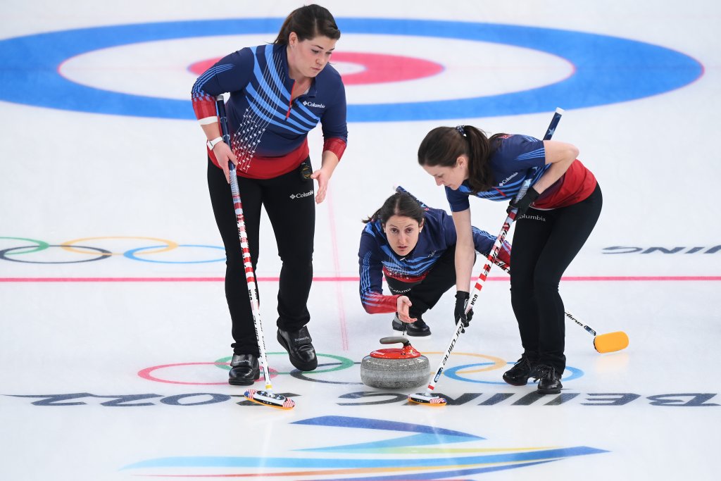 Becca Hamilton, Tabitha Peterson and Tara Peterson of Team United States compete against Team Denmark during the Women's Round Robin Session Two at the National Aquatics Centre, Feb. 10, 2022 in Beijing, China. The women's curling team got their second win of the day when they edged out Denmark 7-5.