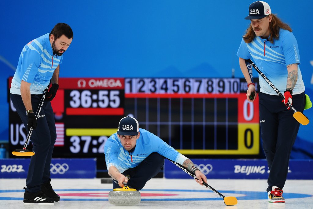 John Landsteiner, Christopher Plys and Matt Hamilton of Team United States compete against Team China during the Men's Curling Round Robin at the Beijing 2022 Winter Olympic Games, Feb .13, 2022 in Beijing, China. 