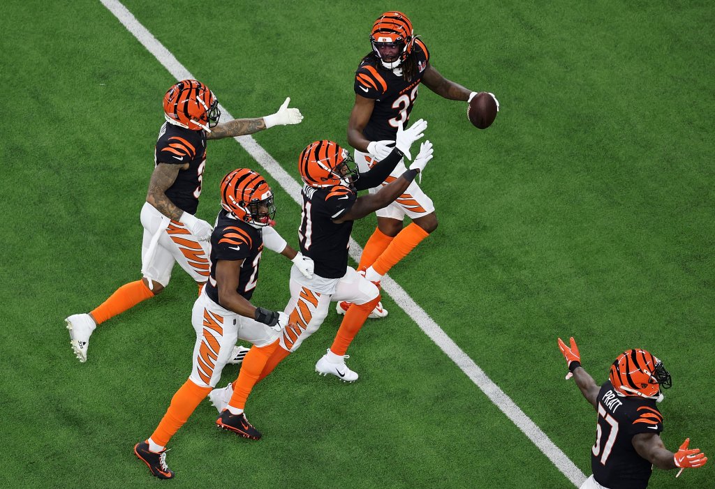 Chidobe Awuzie #22 of the Cincinnati Bengals reacts after catching the ball for an interception