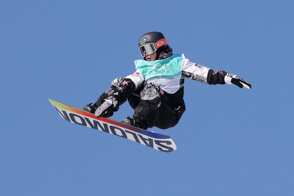 Hailey Langland of Team United States performs a trick during the Women's Snowboard Big Air Qualification on day 10 of the 2022 Winter Olympics at Big Air Shougang on Feb. 14, 2022, in Beijing, China.
