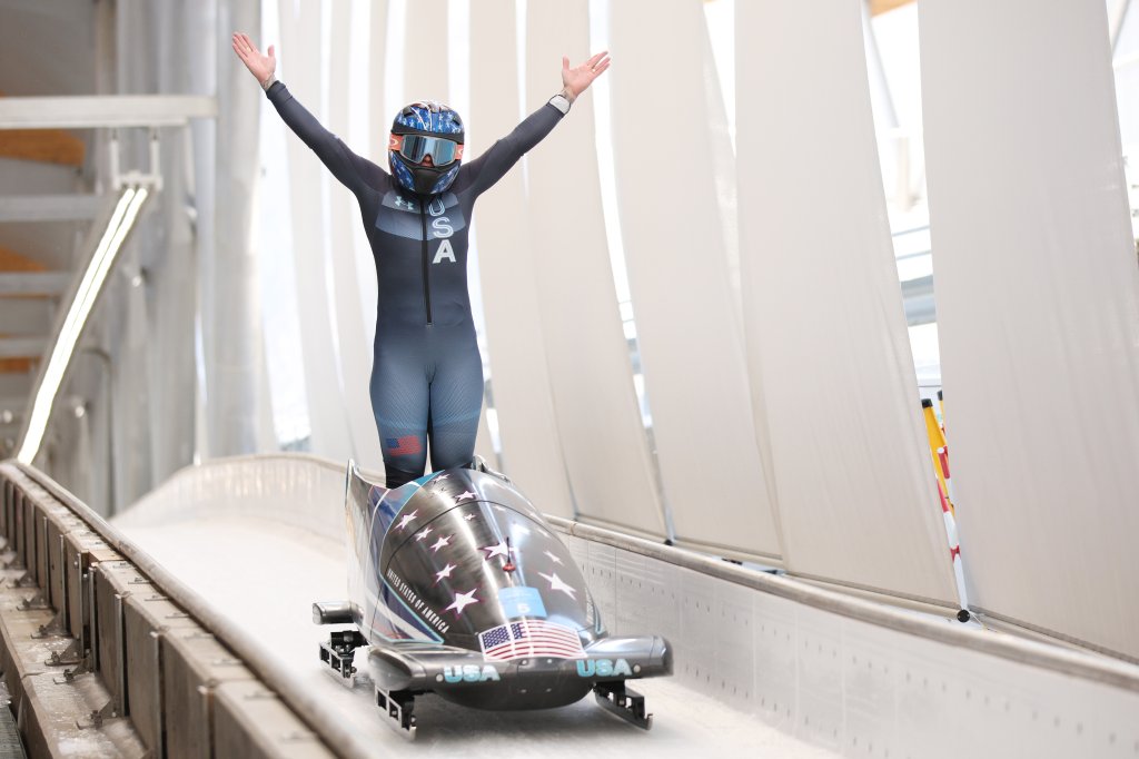 Gold medallist Kaillie Humphries of Team United States celebrates during the Women's Monobob heat 4 on day 10 of 2022 Winter Olympics at National Sliding Centre on Feb. 14, 2022, in Yanqing, China.
