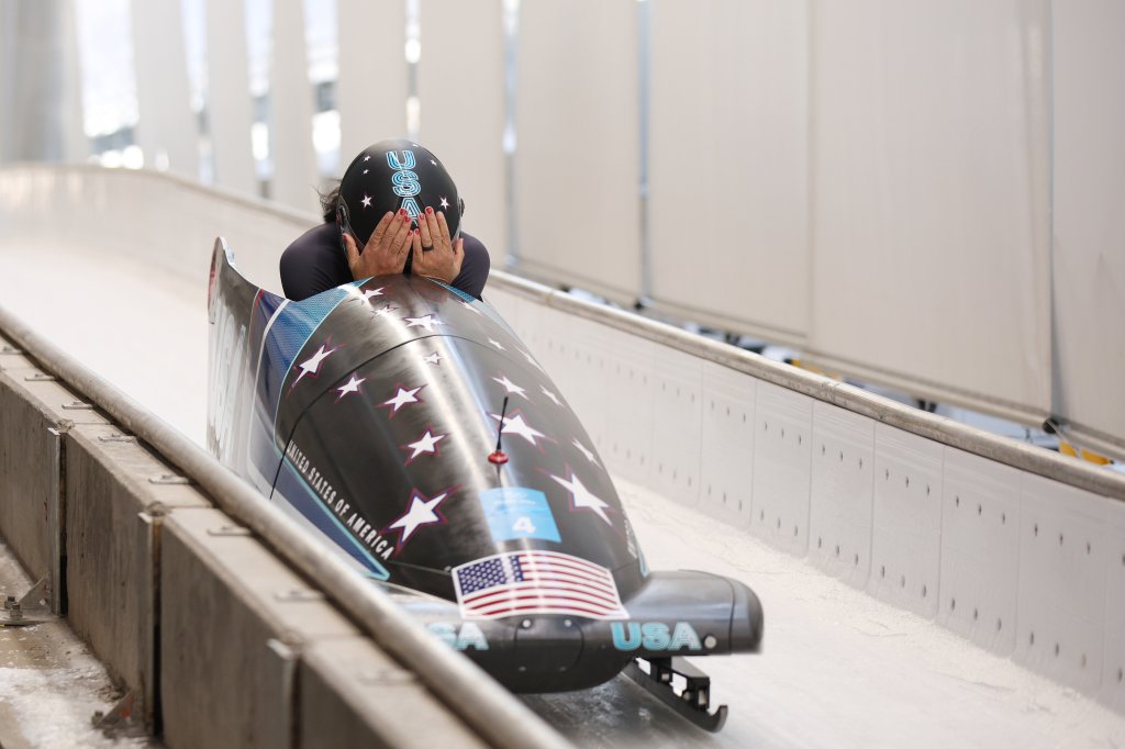 Silver medallist Elana Meyers Taylor of Team United States celebrates during the Women's Monobob heat 4 on day 10 of 2022 Winter Olympics at National Sliding Centre on Feb. 14, 2022, in Yanqing, China.