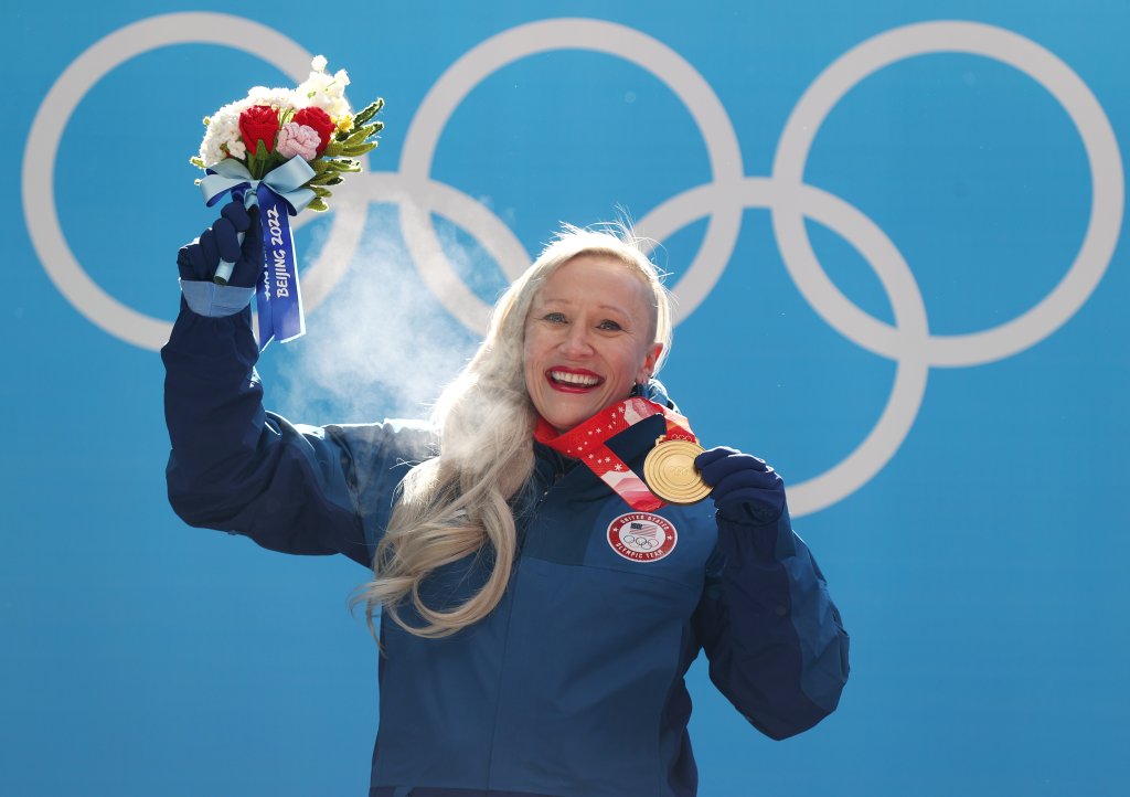 Gold medallist Kaillie Humphries of Team United States poses during the Women's Monobob medal ceremony on day 10 of 2022 Winter Olympics at National Sliding Centre on Feb. 14, 2022, in Yanqing, China.