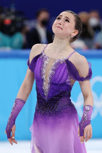 Kamila Valieva of Team ROC reacts after skating