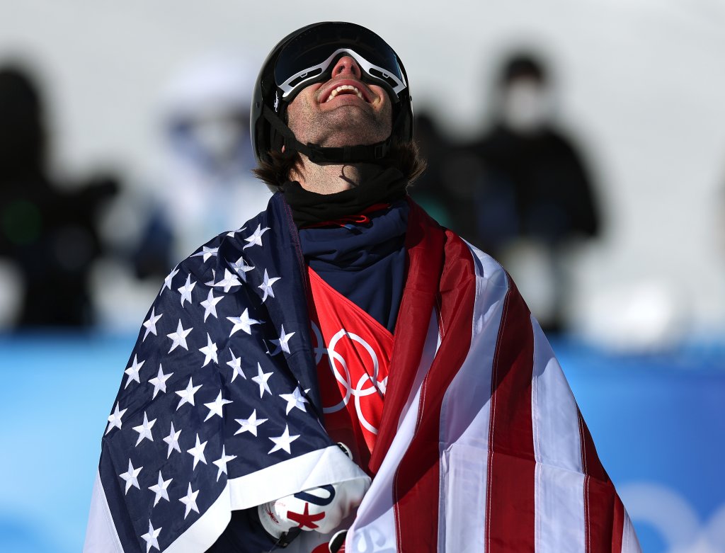 Gold medallist Alexander Hall of Team United States reacts during the Men's Freestyle Skiing Freeski Slopestyle Final on Day 12 of the Beijing 2022 Winter Olympics at Genting Snow Park on Feb. 16, 2022, in Zhangjiakou, China.