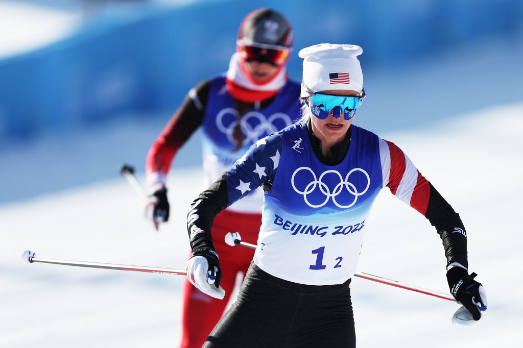 Jessie Diggins of Team United States competes during the Women's Cross-Country Team Sprint Classic semifinals at the 2022 Winter Olympics, Feb. 16, 2022, in Zhangjiakou, China.