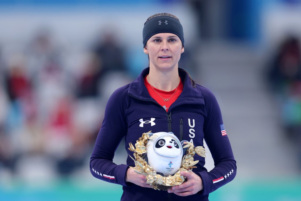 Bronze medallist Brittany Bowe of Team United States celebrates placing for the women's 1000m at the 2022 Winter Olympic Games, Feb. 17, 2022, in Beijing.