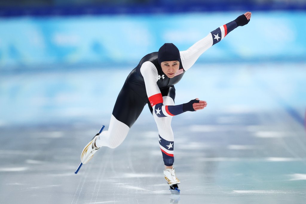 Brittany Bowe of Team United States wins bronze during the Women's 1000m speed skating event at the 2022 Winter Olympic Games, Feb. 17, 2022, in Beijing, China. 