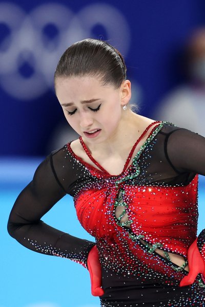 Kamila Valieva of Team ROC reacts after skating