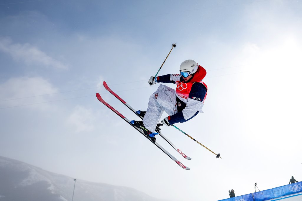 Aaron Blunck of Team United States performs a trick on their first run during the Men's Freeski Halfpipe final run on day 15 during the 2022 Winter Olympics at the Genting Snow Park H & S Stadium in Zhangjiakou, China on Feb. 19, 2022.