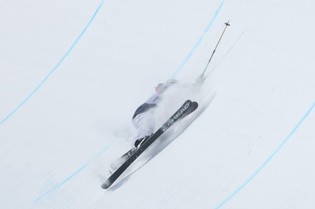 Aaron Blunck of Team United States crashes on his third run during the Men's Freestyle Skiing Halfpipe Final at the 2022 Winter Olympics, Feb. 19, 2022, in Zhangjiakou, China.