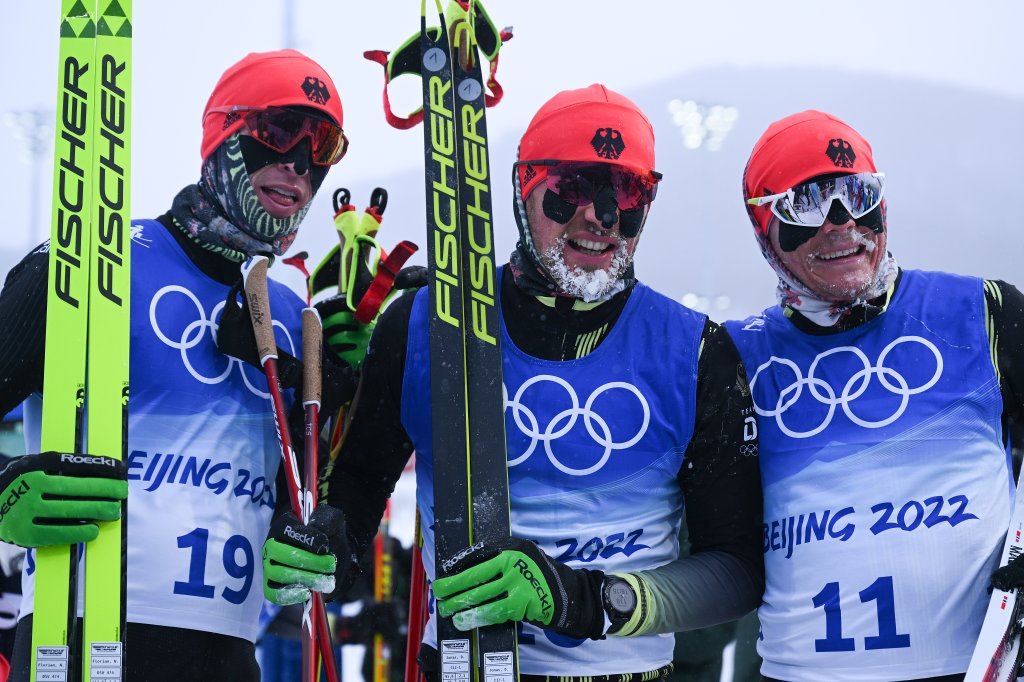 From left: Florian Notz of Team Germany, Jonas Dobler of Team Germany and Lucas Boegl of Team Germany seen during the Men's Cross-Country Skiing 50km Mass Start Free at the 2022 Winter Olympics, Feb. 19, 2022, in Zhangjiakou, China. The event distance has been shortened to 30k due to weather conditions.