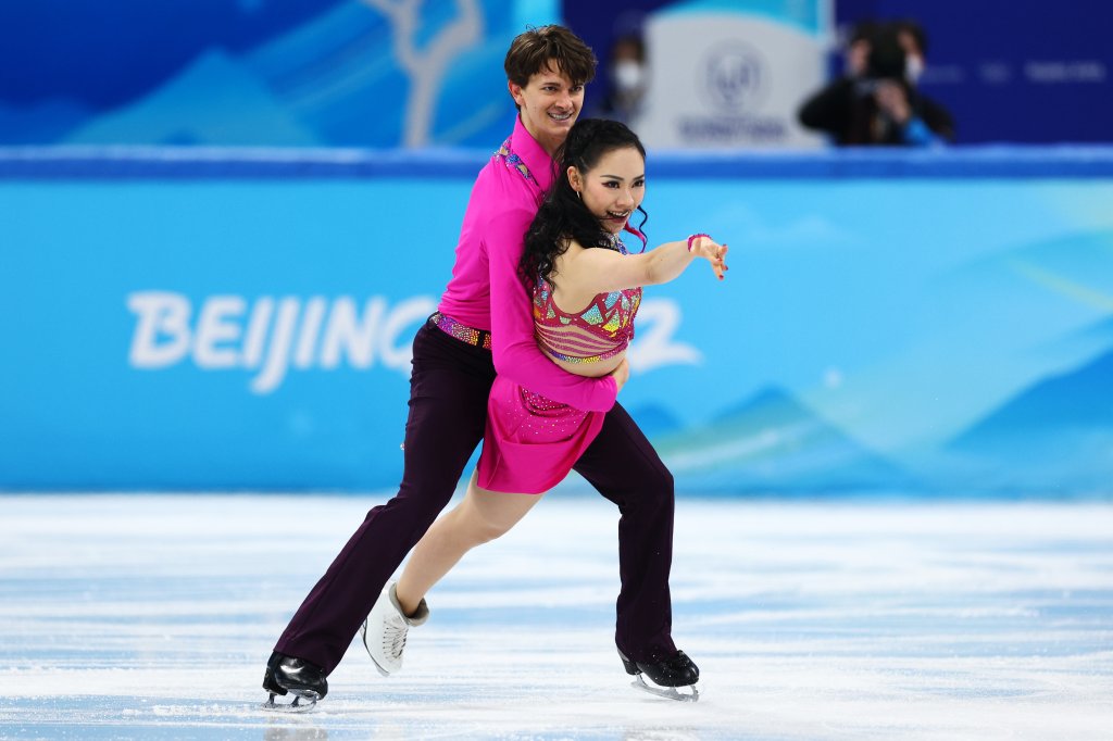Misato Komatsubara and Tim Koleto of Team Japan skate during the Ice Dance Rhythm Dance on day eight of the Beijing 2022 Winter Olympic Games at Capital Indoor Stadium on Feb. 12, 2022 in Beijing, China.