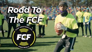 man on football field holding football with text "Road to the FCF" and the logo for Fan Controlled Football
