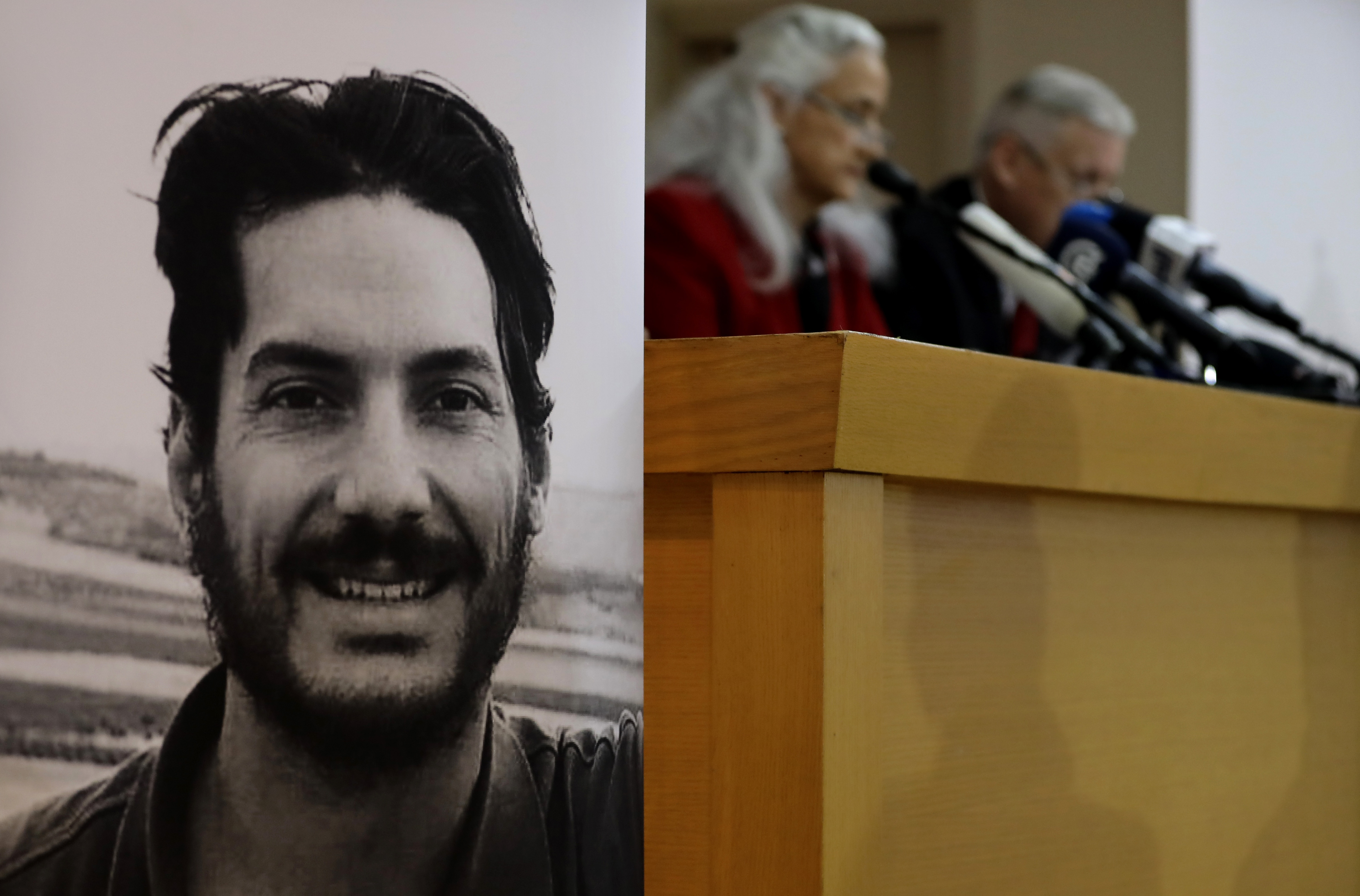 Marc and Debra Tice, the parents of US journalist Austin Tice (portrait L), who was abducted in Syria more than six years ago, give a press conference in the Lebanese capital Beirut on December 4, 2018. - They said they were very encouraged by the level of cooperation of US President Donald Trump's administration and new information about their son's fate. Tice, 37, disappeared in August 2012 near Damascus and his whereabouts remain a mystery. But Trump's special envoy for hostage affairs, Robert O'Brien, said last month there was every reason to believe the journalist was alive and still detained in Syria.