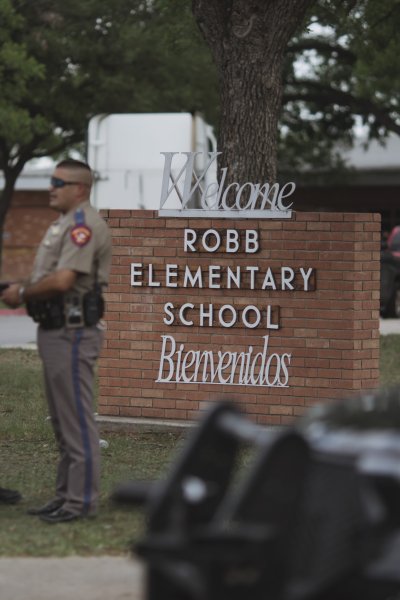 Texas state troopers outside Robb Elementary School in Uvalde, Texas, U.S., on Tuesday, May 24, 2022.