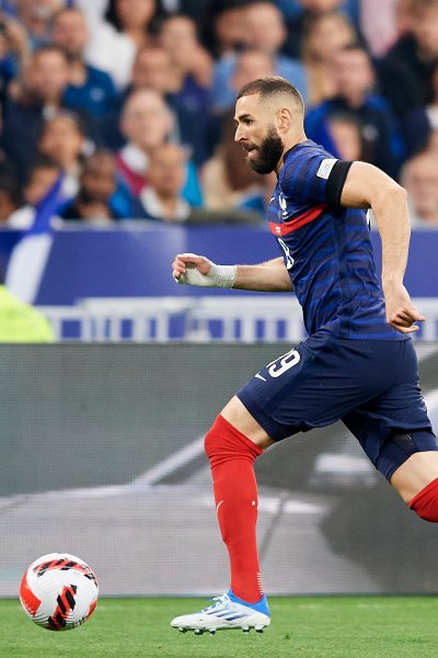 Karim Benzema (Real Madrid) of France runs with the ball during the UEFA Nations League League A Group 1 match between France and Denmark at Stade de France on June 3, 2022 in Paris, France.
