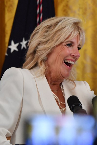 US First Lady Jill Biden waves as she delivers remarks during a reception celebrating Pride Month in the East Room of the White House, June 15, 2022.