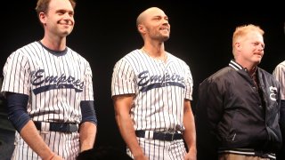 Patrick J. Adams, Jesse Williams and Jesse Tyler Ferguson during the opening night curtain call for Second Stage Theater's production of "Take Me Out" on Broadway