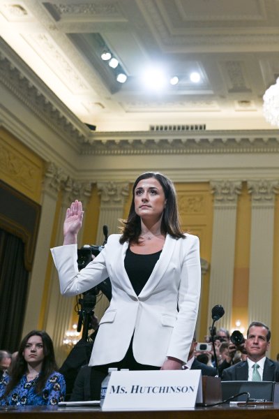 Cassidy Hutchinson, a top former aide to Trump White House Chief of Staff Mark Meadows, is sworn-in as she testifies during the sixth hearing by the House Select Committee