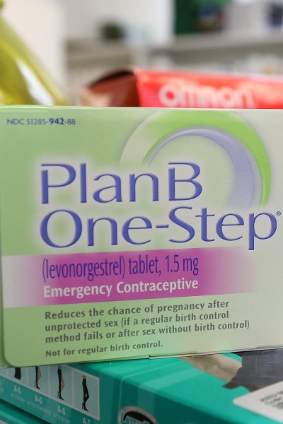 A package of Plan B contraceptive is displayed on a pharmacy counter