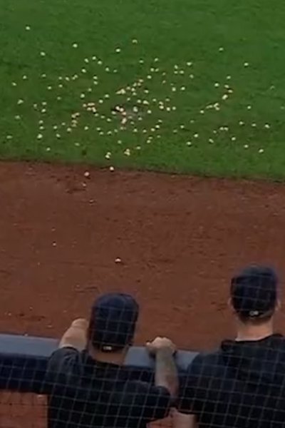 Yankees players throw chewed up gum at a nearby sprinkler.