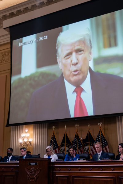 A video of former President Donald Trump is seen on a screen during a hearing of the House Select Committee to Investigate the January 6th Attack on the United States Capitol