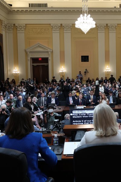 Rep. Liz Cheney (R-WY) (C) presides over a hearing of the House Select Committee to Investigate the January 6th Attack on the U.S. Capitol with Rep. Adam Kinzinger (R-IL) (R) and Rep. Elaine Luria (D-CA) in the Cannon House Office Building on July 21, 2022