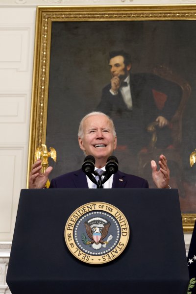 U.S. President Joe Biden gestures as he delivers remarks on the Inflation Reduction Act of 2022 in the State Dining Room of the White House