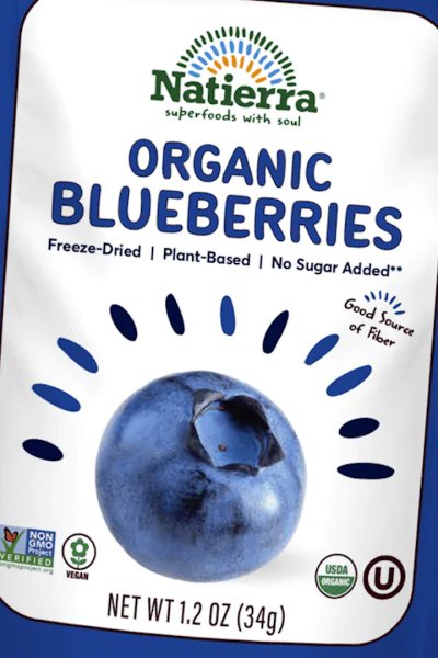 Promotional image of package of blueberries with striped background.