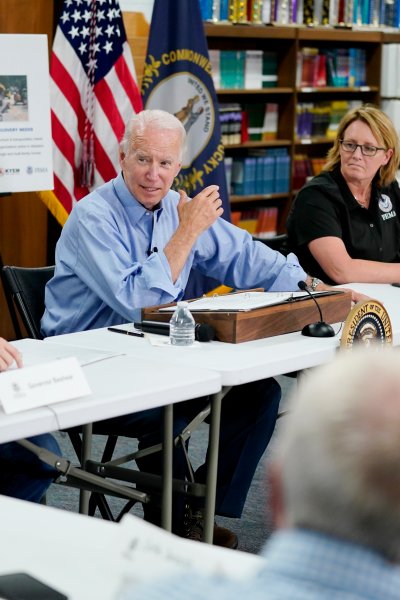 President Joe Biden participates in a briefing at Marie Roberts Elementary School about the ongoing response efforts to devastating flooding, Monday, Aug. 8, 2022, in Lost Creek, Ky.