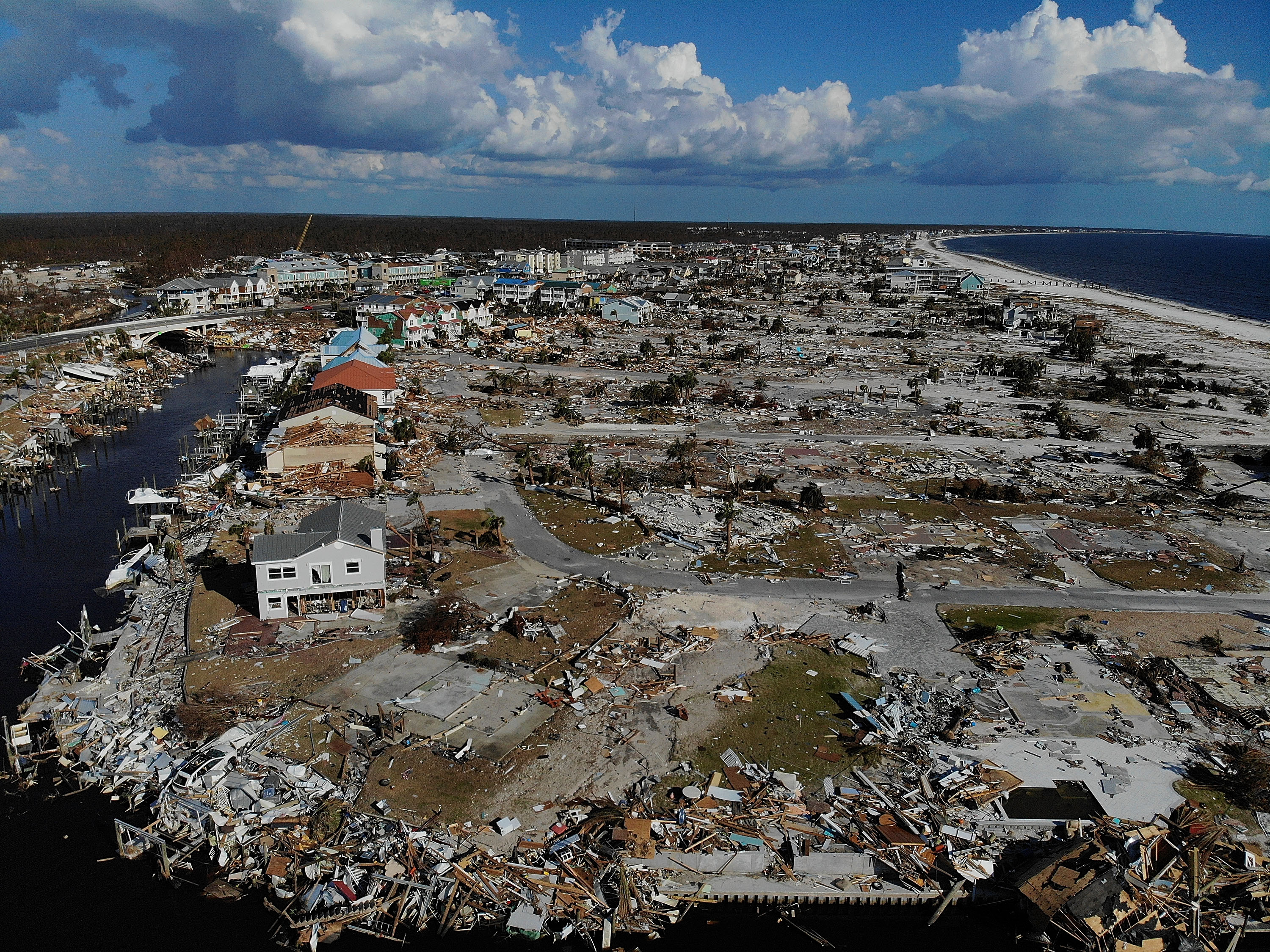 Blocks of homes in Mexico Beach, Florida, lie in rubble in Oct. 17, 2018, in the aftermath of Hurricane Michael. The storm hit on October 10 along the Florida Panhandle, causing massive damage and claiming the lives of more than a dozen people.