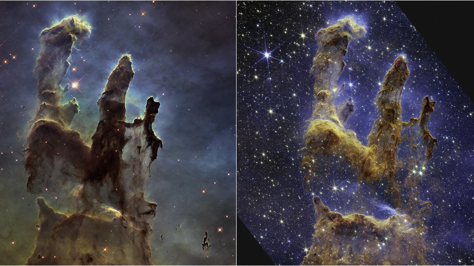Composición fotográfica divulgada este miércoles por la NASA tomada por el telescopio espacial James Webb donde se aprecian dos imágenes de los Pilares de la Creación, una tomada en 2014 (izq.) y la última tomada de la luz del infrarrojo cercano al telescopio.