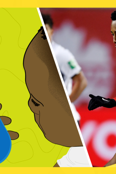 Drawing of a young Mark-Anthony Kaye with his cellphone next to a photo of the soccer player in action